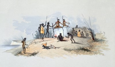 1847年に出版された「南オーストラリアの図解」からの先住民族：ネイティブの墓と死者の処分の手段、1847年に出版（手彩色の彫刻） 作： George French Angas